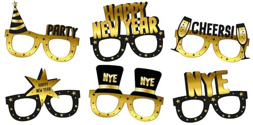 Folat 63765 Brille Papier-BlackGold HNY-6 Stück-Silvester Deko, Neujahrs Party, Neujahr Silvesterdeko, Frohes Neues Jahr, Happy New Year, Mehrfarbig