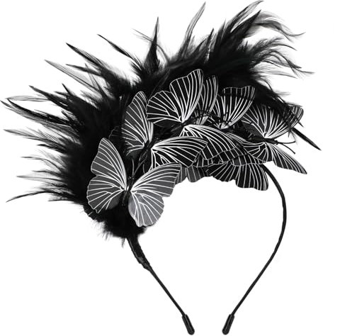MWOOT Feder Schmetterling Haarschmuck Haarreif, 1920er Fascinator Kopfschmuck für Damen, Schwarz Feder 20er Jahre Stirnband mit Schmetterling für Karneval Cocktail Hochzeit Tee-Party Accessoires