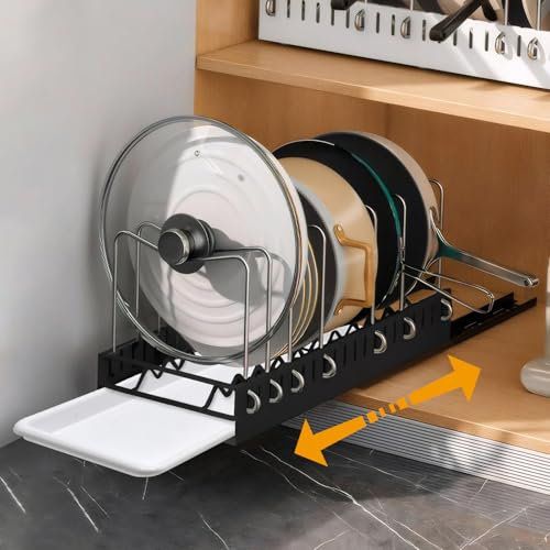 Yiomxhi Organizador de Ollas y Sartenes Deslizante para Armario Cocina, Soporte Tapas con bandeja y Compartimentos Ajustable, Organizador Ollas Estante Sartenes, Negro