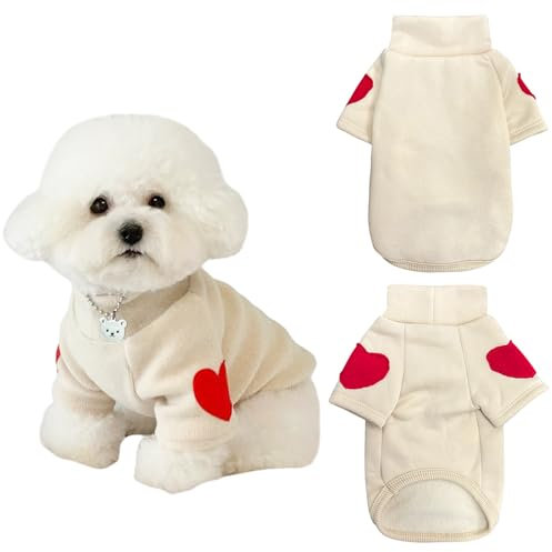 Winmany Hundepullover für kleine und mittelgroße Hunde, Herzaufnäher, Rollkragen-Sweatshirt, für Katzen, Welpen, Frühling, Herbst, Winter (Beige, S)