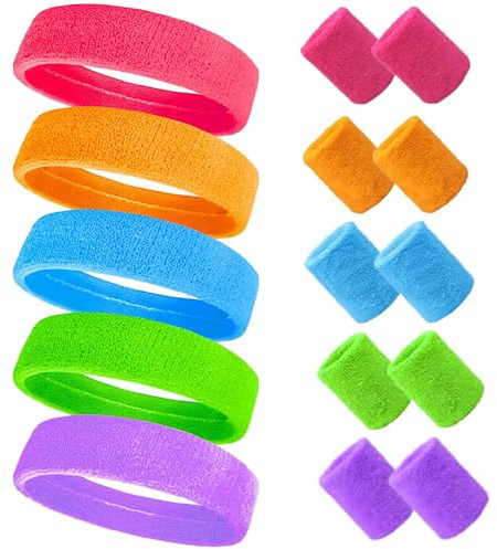 Uoimky Schweißband Set, 15 Stück 80er Neon Schweissband Elastisch Stirnband Sport Schweißband dehnbares Schweißband für Damen Herren für Party Karneval, Basketball, Tennis, Fitnessstudio, Laufen