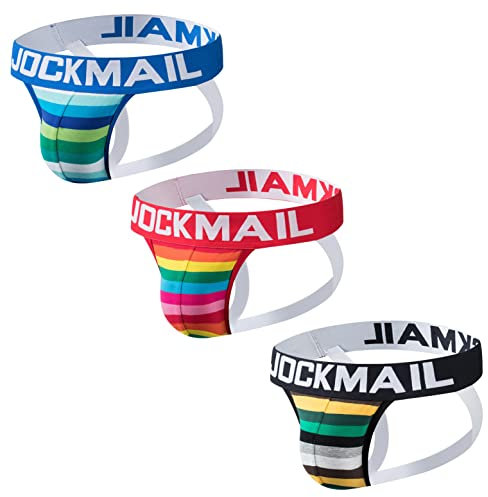 3PCS/Pack Men Briefs Jockstrap Cotton Mens Rainbow Stripe Jock Strap Comfortable Mens Jockstrap (UK, Alpha, XXL, Regular, Regular, Black+Blue+Red)