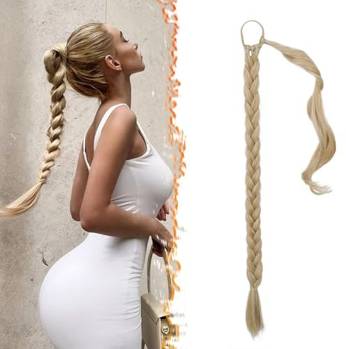 BARSDAR 66cm Lang Braid Extensions Pferdeschwanz Haarteil, Glattes umwickelter Blond Zopf Haar Extension Pferdeschwanz Synthetik Haarteil Haarverlängerungen für Frauen - Blond Gemischt