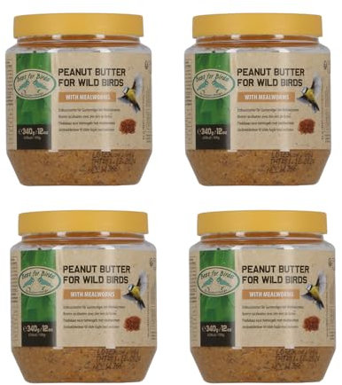 4X 340g Vogelfutter Erdnussbutter mit Mehlwürmern Wildvogelfutter Vögel PET-Glas Fettfutter (939)