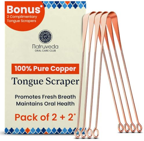 Natruveda Pure Copper Tongue Scraper for Adults and Kids - 4 Pack Premium Ayurvedic Metal Tongue Cleaner Set, Fresh Breath Hygiene Support, Travel-Friendly, USA-Based Seller