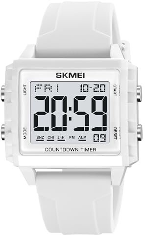 findtime Relojes digitales para hombre, impermeable, deportivo, cronómetro, alarma de cuenta regresiva, a prueba de golpes, fácil lectura, reloj militar para hombre, rectangular, estilo único, blanco