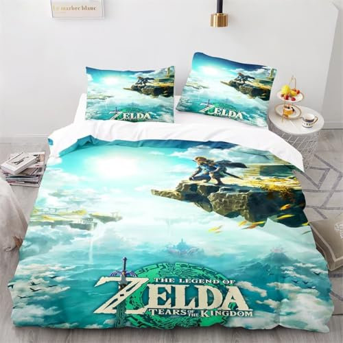 Shaari 3D Drucken Zelda Bettwäsche Set 135x200cm,Microfaser Einzelbett 1 Bettbezug Mit Reißverschluss + 1 Kissenbezüge 80x80