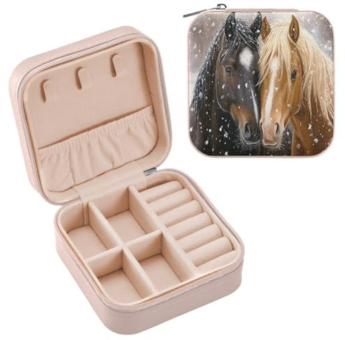 JUMBEAR Reise-Schmuckschatulle mit zwei Pferden, Reise-Schmuckkästchen, Reise-Schmucketui, kleine Schmuckschatulle für Halskette, Armband, Ohrringe