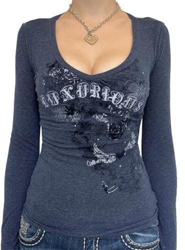 CocMouse Women's Y2K Graphic Tops Grunge Clothes Long Sleeve V Neck Fairy Grunge Aesthetic Shirts Vintage 90s E-Girl Blouse Top (04-Navy Blue, S)