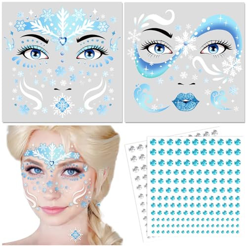 DPKOW Gesichtstattoo Eiskönigin Temporäre Tattoos EIS Prinzessin Face Tattoo Glitzersteine Gesicht Tattoo Schminke Karneval Kostüm Partyzubehör Motto Party Schneeflocke Temporäre Tattoos Frozen Blau
