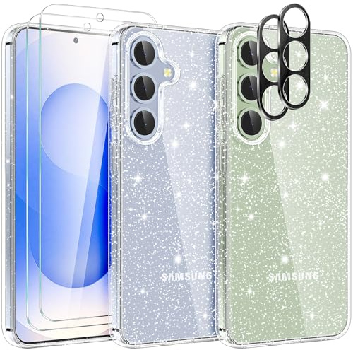 YIRSUR Glitter Clear Case for Samsung Galaxy S25 Case with 2 Pack Screen Protector with 2 Pack Camera Lens Protector, Sparkle Bling Slim Soft TPU Bumper Anti-Scratch Clear Shockproof for Galaxy S25
