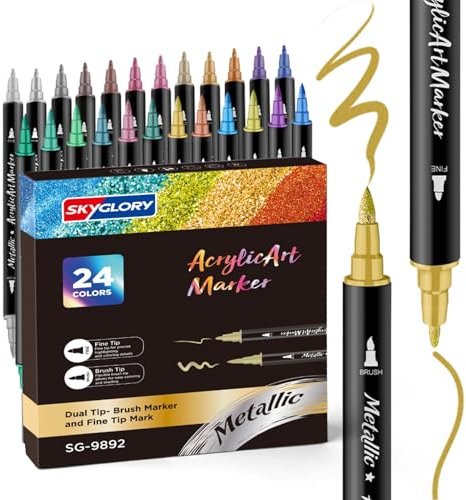 SKYGLORY 24 Colours Dual Tip Metallic Acrylic Paint Pens, Dot & Brush Acrylic Marker Pens Paint Set for Rocks, Canvas, Glass, Wood, Ceramics & Clothes