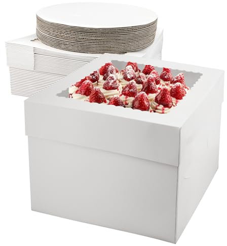 Scettar 18 Stück Tortentransportbox Kuchenbox Pappe Set Weiß mit Sichtfenster & Runden Cake Boards 25x25x20cm Tortenbox Hoch Für Kuchen, Cupcakes, Partys & Geburtstage, Stabile 350g Kartonboxen