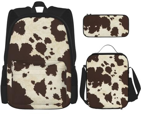 Stilvoller Reiserucksack-Set mit Kuhfell-Aufdruck, Lunchbox, Make-up-Tasche, verstellbare Träger, Schwarz , One size
