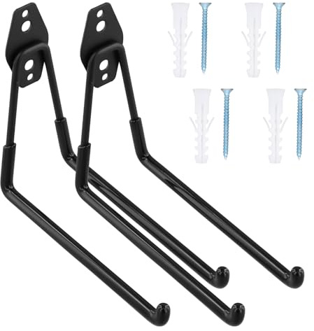 2er Garagenhaken Wandhaken, Doppelhaken Stahl rutschfest Garage Leiter (L) | PVC-Ummantelung, bis 15 kg, für Fahrrad, Garten, Werkzeug, Schaufel, Besen, Kabel, Wandmontage an Beton, Holz, Ziegel Dübel