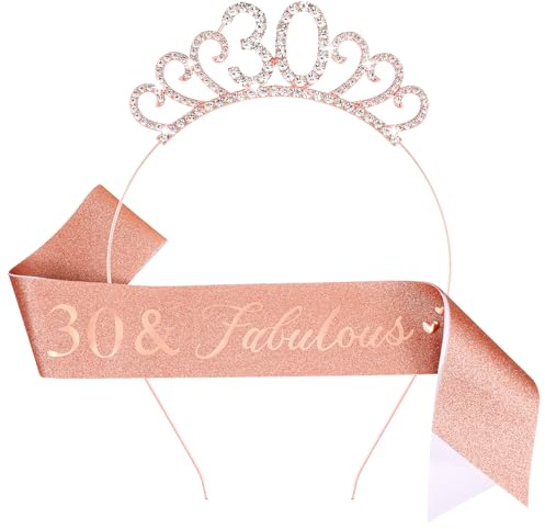 GSrenyu 30th Birthday Decoration for Women,Rose Gold Birthday Sash and Rhinestone Headband for Women's 30th Party Decor