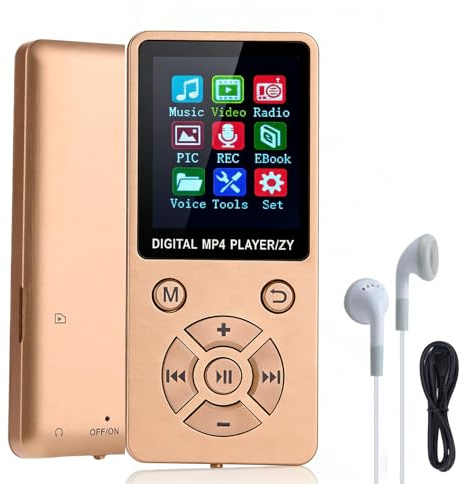Ouitble MP3-Player/MP4-Player 64GB Bluetooth 5.0 HiFi MP3 Musik-Player, 1,8-Zoll-LCD-Bildschirm mit Lautsprecher Video E-Book Fotobetrachter Kopfhörer Unterstützt bis 128GB (Golden)