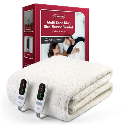 VonHaus Electric Blanket king with Multi Heating Zones, Heated Mattress Topper for king Bed, Under Blanket Cover Sheet – Dual Controls, Corner Ties, 6 Heat Settings, Machine Washable, 200 x 150cm