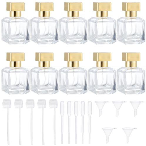 WEBEEDY 10 Pack 50ML Glass Spray Bottle Refillable Travel Perfume Atomizer Bottles with 15 PCS 3 Kinds of Dispenser Clear Gold Empty Perfume Bottle for Travel Office Outdoors Christmas Decoration Gift