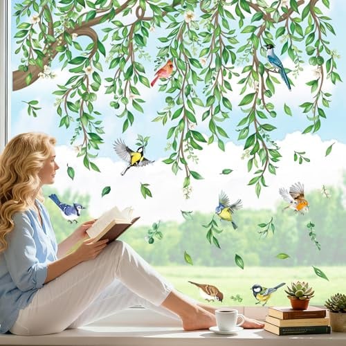 wondever Fensterbilder Baum Ast Grün Blätter Vögell Fenstersticker | Wiederverwendbar, Doppelseitig Statisch PVC Fensterdeko, Fenster Vogelschutz, Frühling Deko für Glas Tür Wohnzimmer Küche