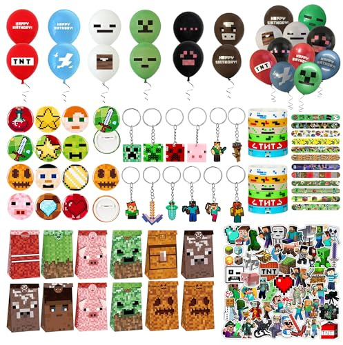 152 piece party bag filler set Miner Gaming Party Bag Fillers, Gamer Party Favours Gaming Keychain Party Bags Button Pins Stickers Miner Party Supplies Goodie Bag Fillers
