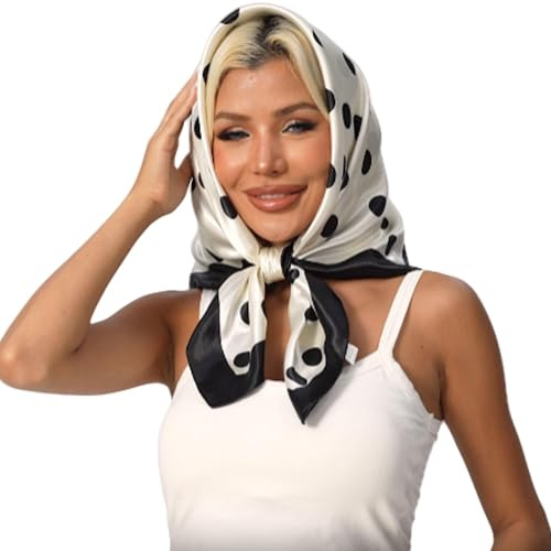 Damen Schwarz Weiß Gepunktete Satin Seidentuch – Quadratisches Polyester Wie Seide, Haartuch Damen Zum Binden, cremefarben Halstuch Schal Für Haare, Hals, Handtasche oder Outfit Accessoire 70x70 cm