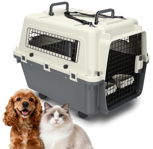 Ollewiellan Hundetransportbox bis 17,5 kg mit Rädern, 67,3x54,9x51,5 cm, Flugzeugtaugliche Pet Transportbox für Hunde & Katzen, Inkl. Urinablauf, 2 Näpfe & Leine