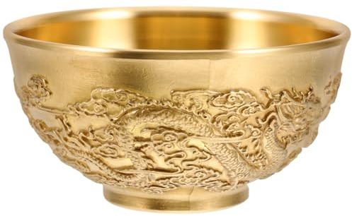 CVUTOVO Brass Treasure Bowl with Double Dragon Design 8cm Copper Fortune Basin Home Desktop Decoration Feng Shui Wealth Tabletop Decorative Bowl