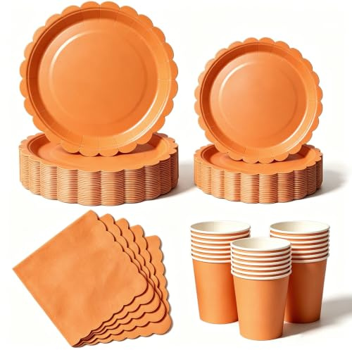 Nkaiso 50 Pcs Orange Scalloped Paper Plates and Napkins Set for 10 | Party Supplies with 10x 9 & 10x 7 Inch Disposable Paper Plates, 10x Cups, 20x Napkins for Birthday BBQ Anniversary