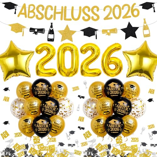 Tasoraor Abschluss 2026 Deko Schwarz Gold - 2026 Folienballons Abitur Banner für ABI Abschlussparty Hintergrund, Graduation Dekoration Konfetti Streudeko für Schulabschluss Abschlussfeier