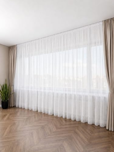 FENSTORIA Gardinen Vorhänge mit Kräuselband & Bleiband Leinenoptik Fertiggardine Vorhang halbtransparente Voile Gardine für Wohnzimmer & Schlafzimmer, Ecru 1er-Set(H×B 260×600 cm)