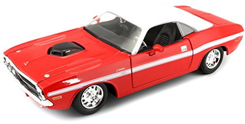 Maisto Dodge Challenger R/T Coupé '70: Originalgetreues Modellauto 1:24, Türen und Motorhaube zum Öffnen, Fertigmodell, 20 cm, rot (531263)