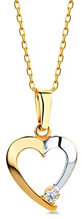 MIORE Schmuck, Herzkette Gold mit Kettenanhänger Gold 9K 375, Herzanhänger mit Zirkonia Stein, Halskette Damen, Ankerkette, Goldkette Damen 375 Echtgold, 45 cm lang, Kette Gold