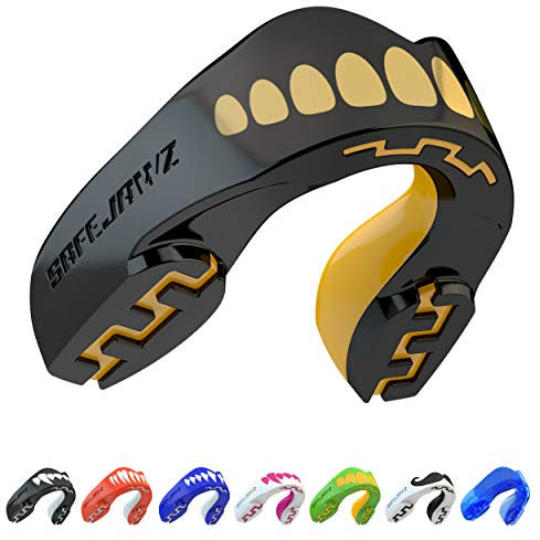 SAFEJAWZ Sport Zahnschutz Erwachsene und Kinder Sport Mundschutz Für alle Vollkontakt-Sportarten einschließlich Rugby, MMA, Kampfsport, Kickboxen, Judo, Hockey & Boxe (Goldie, Erwachsene (12+ Jahre))