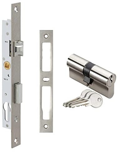 METALUX série 7/28 - Serrure à encastrer 1 point pêne dormant et 1/2 tour Réversible avec Gâche et Cylindre PM2 Coffre 28x180 mm Porte métallique à profil étroit | portail ou portillon