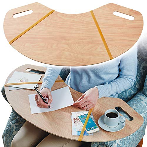 Armchair Lap Table Tray – Lightweight & Portable Gently Curved Wood Effect Chair Desk or Laptop Stand with Two Carry Handles - Measures W80 x D38 x 0.5cm