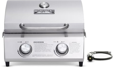 Monument Grills Griglia a gas propano da tavolo per cucinare da campeggio portatile all'aperto con serrature da viaggio, coperchio alto in acciaio inox e termometro integrato