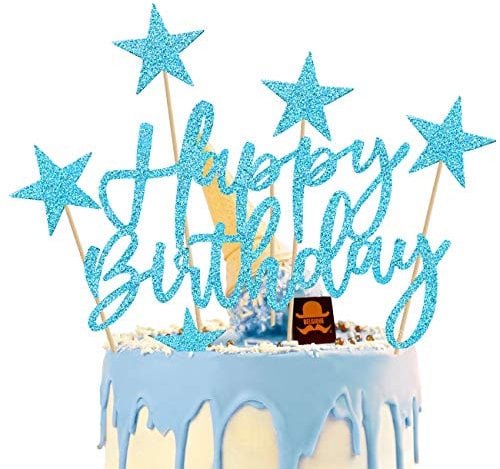 iZoeL 2 Sets Blue Cake Decoration Blue Cake Topper Happy Birthday Banner Confetti Balloon Stars Heart Cake Topper for Men Boys Women Girls Blue Theme Birthday Party Decor