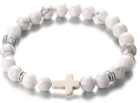 HALUKAKAH Bracelet de Perles de Pierre avec Croix Chrétienne,Gemme Naturelle Bracelet Extensible en Cristal pour Hommes Femmes Pierre Turquoise Blanche,avec Coffret Cadeau Gratuit