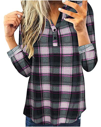 Bluse Shirt Frauen Tops Casual Langarm Plaid Slim Shirt (S,1Rosa)