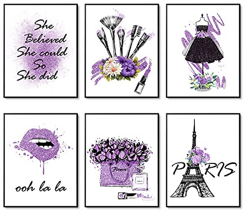 HOGEBIG Lila Bilden Poster Mode Paris Drucke Wandkunst Bilden Badezimmer Kunstwerk Parfüm Blume Lippenstift Leinwand Kunstposter Mädchen Zimmer Dekor 11x14 Zoll (27.9x35.6cm) Ungerahmt