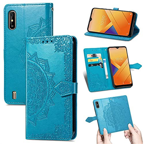SATURCASE Coque pour Wiko Y81, Mandala Gaufrage PU Cuir Magnétique Flip Portefeuille Support Porte-Carte Protecteur Housse Étui avec Dragonne pour Wiko Y81 (MA-Bleu)