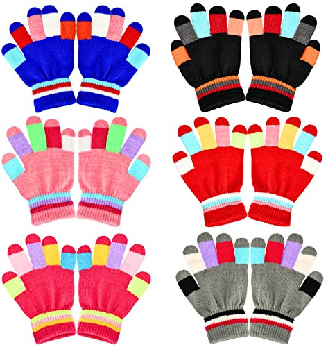 KATELUO 6 Paar Vollfinger Handschuhe Kinder,Kinderhandschuhe Winter,Handschuhe Kinder,Stretch Handschuhe Kinder,Modisch Gestrickte Warme Handschuhe,für 5-10 Jahre Jungen und Mädchen