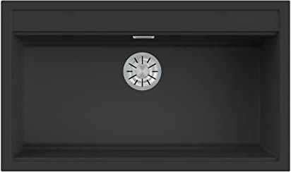 EVHOC Lavello Sopratop DESIDERATA L, 1 Vasca, Lavandino in Kuarzite Vasca Unica per Cucina, Fascia Miscelatore Preforata, Made in Italy, Nero, 86x51 cm