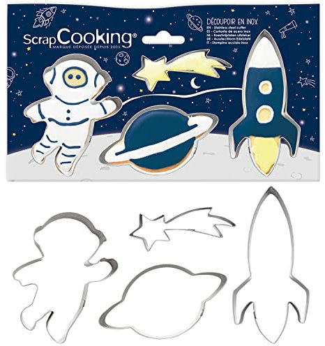 ScrapCooking 2084 - Cortador de galletas (acero inoxidable, 4 cortadores de galletas, estrella, cohete, planeta, mejillones pequeños, accesorios para repostería, cumpleaños y decoración