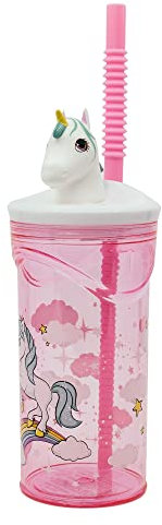 Stor Vaso Infantil Reutilizable con Pajita y Tapa con figurita 3D y Capacidad de 360 ml de Unicornios y Arco Iris y Arco Iris