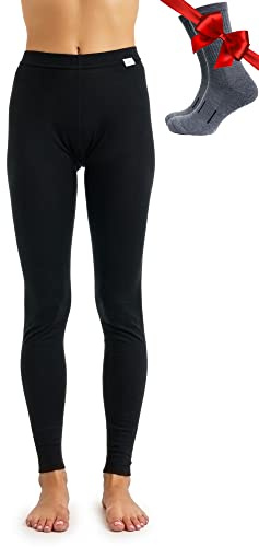 100% Merino Wool Base Layer Womens Leggings, Thermal Underwear + Wool Socks (Small, 165 Black)