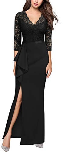 MISSMAY Women's Vintage Floral Lace Ruffle 3/4 Sleeves Evening Party Formal Long Dress (Large, Black)