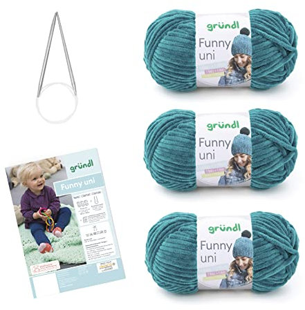 Gründl Wolle Funny uni - weiche Chenille Wolle mit Nadel und Anleitung für eine Babydecke - Kuschelig und hautfreundlich - 100 % Polyester - 3 Knäuel 100 g / 120 m - Nadelstärke 5 - 6, petrol