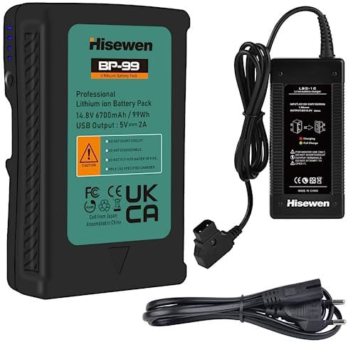 BP-99 V Mount Akku, Hisewen 6700mAh 99Wh V-Lock Battery und D-Tap Ladegerät Kompatibel mit Sony Camcorder Broadcast LED Video Licht Blackmagic URSA Mini Pro